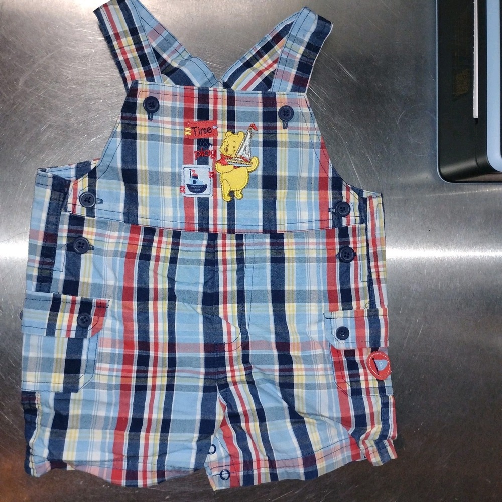Vintage Y2K Plaid Winnie The Pooh Tigger Shortall Overall Size 3/6 Months -3